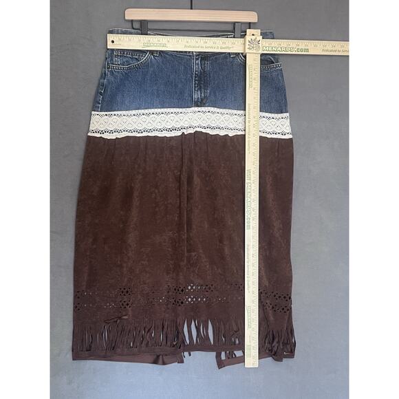 VTG Gap Upcycled Denim & Brown Fringe Skirt Women Sz 16 Western Cowgirl USA - Picture 6 of 11